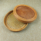 Brown Round Rattan Webbing Tray for Coffee Table, Ottoman Tray, Wicker Boho Decorative Tray