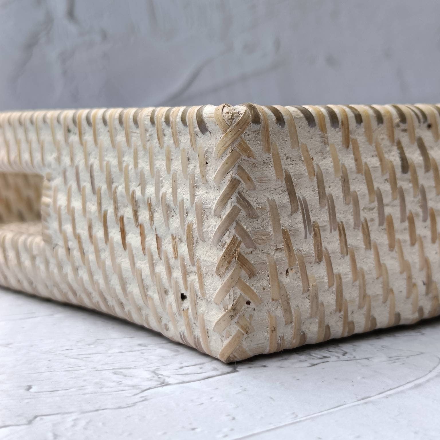 Serving Tray, White Wash Rectangular Rattan Tray With Cut Out Handle, Breakfast Tray