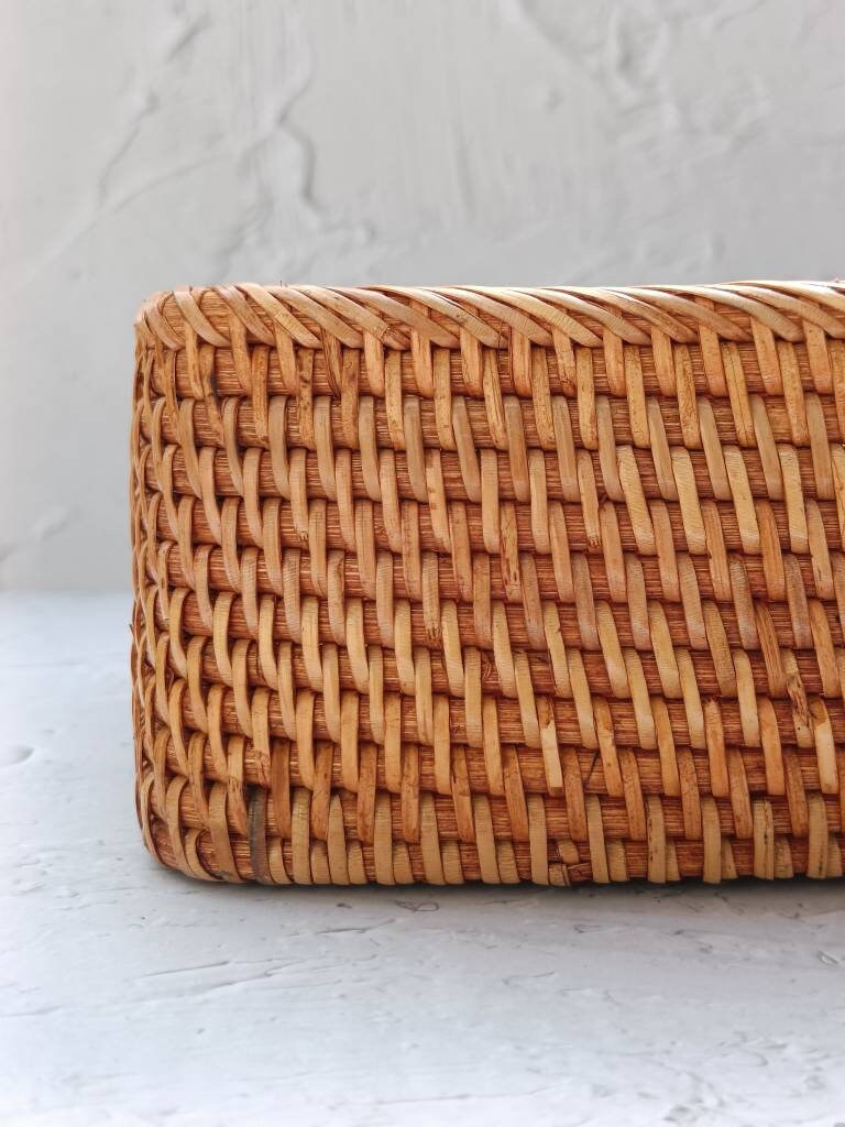 Handcrafted Rectangular Rattan Storage Box, Boho Straw Basket, Guest Towel Holder, Natural Home Decor