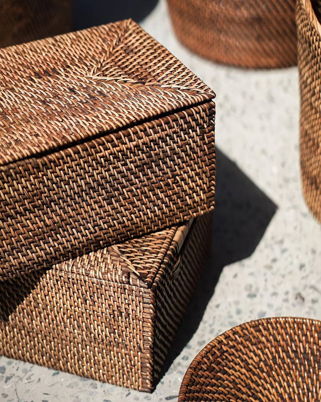A pair of Dark Brown Woven Rattan Storage Box With Lid, Large Organizer Box, Wicker Rectangle Container
