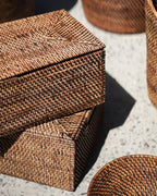 A pair of Dark Brown Woven Rattan Storage Box With Lid, Large Organizer Box, Wicker Rectangle Container