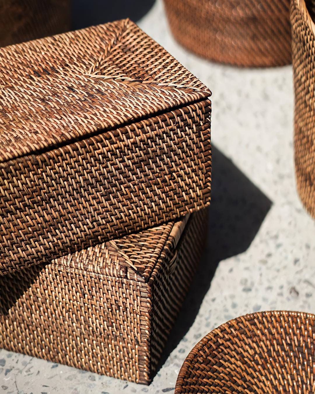 A pair of Dark Brown Woven Rattan Storage Box With Lid, Large Organizer Box, Wicker Rectangle Container