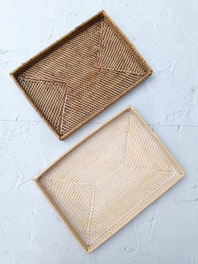 Non Handle Rectangular Rattan Spa Tray, Vintage Style Tray, Boho Room Decoration