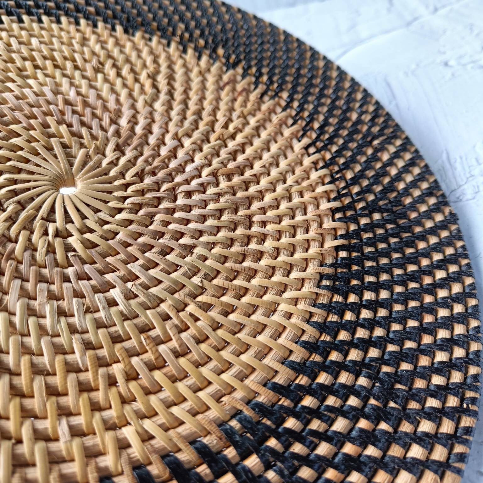 Two Tone Wicker Black and Natural Round Rattan Placemats | Rattan Coaster | Farmhouse Decoration | Boho Table Decor