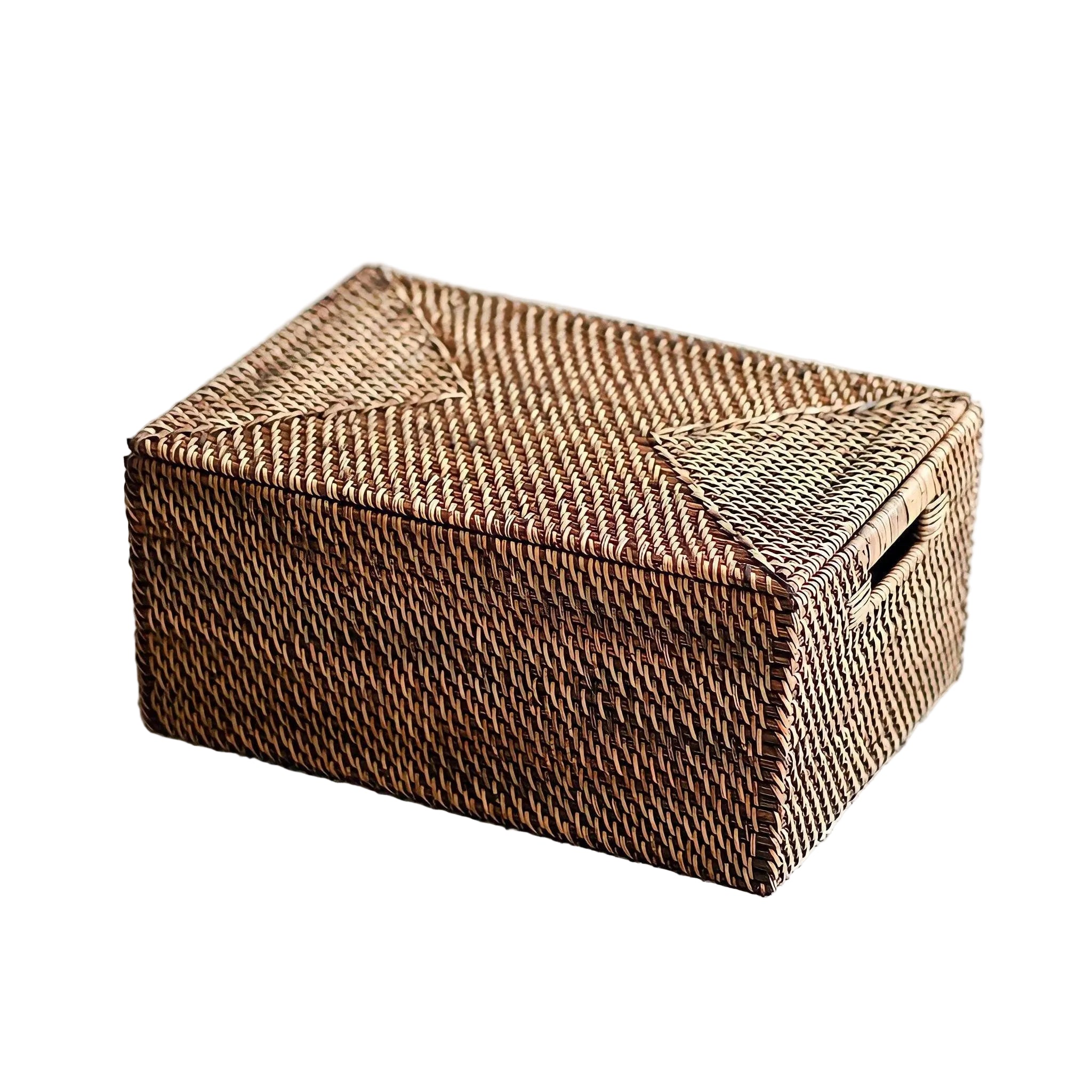 Rustic dark brown woven rattan basket set in a modern living room, eco-friendly home organization, handcrafted natural fiber storage.