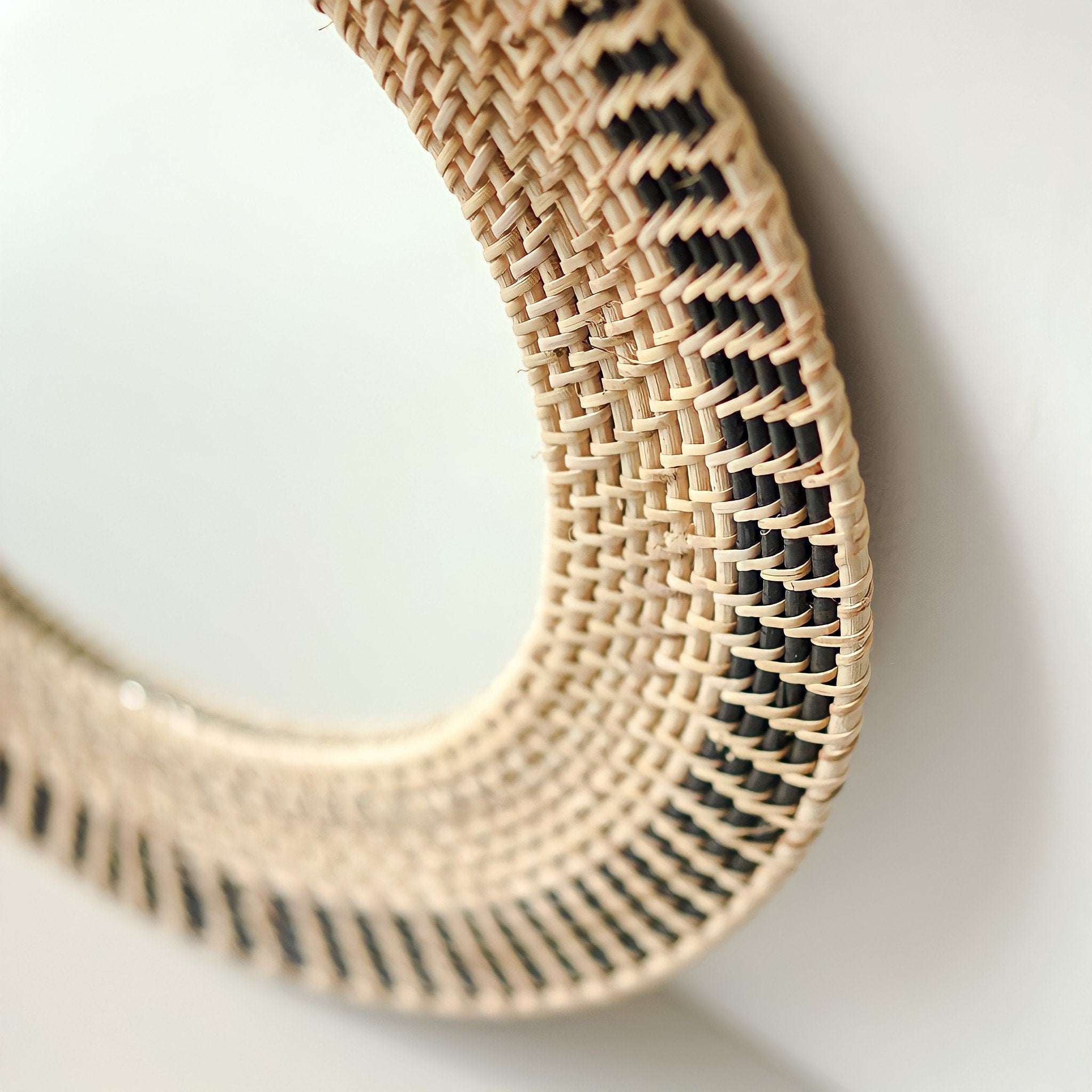 Dual Tone Round Rattan Mirror, Boho Natural Wall Decor