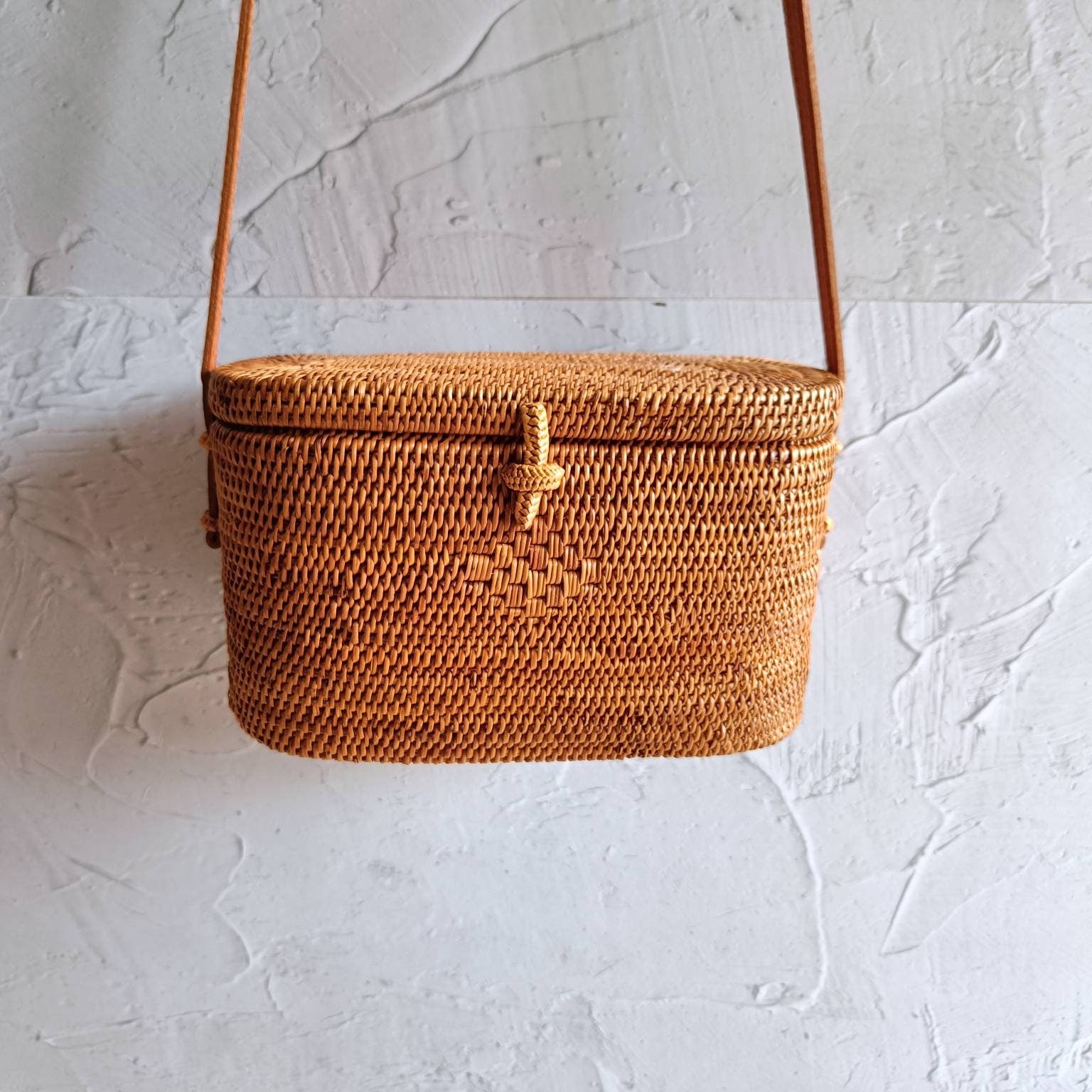Handmade Bali Oval Rattan Bag With Leather Strap | Ata Bag | Straw Woven Bag | Bohemian Crossbody Bag