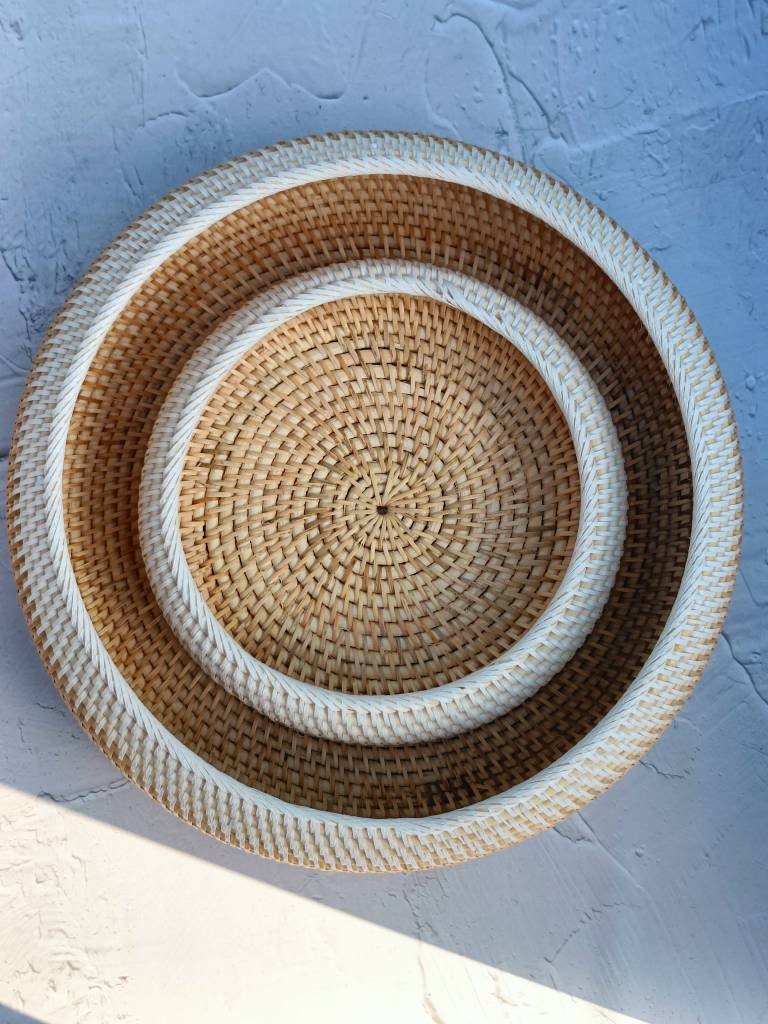 Handwoven Two Tone Round Rattan Bowl | Decorative Bowl | Fruit Basket | Round Boho Straw Serving Bowl for Table