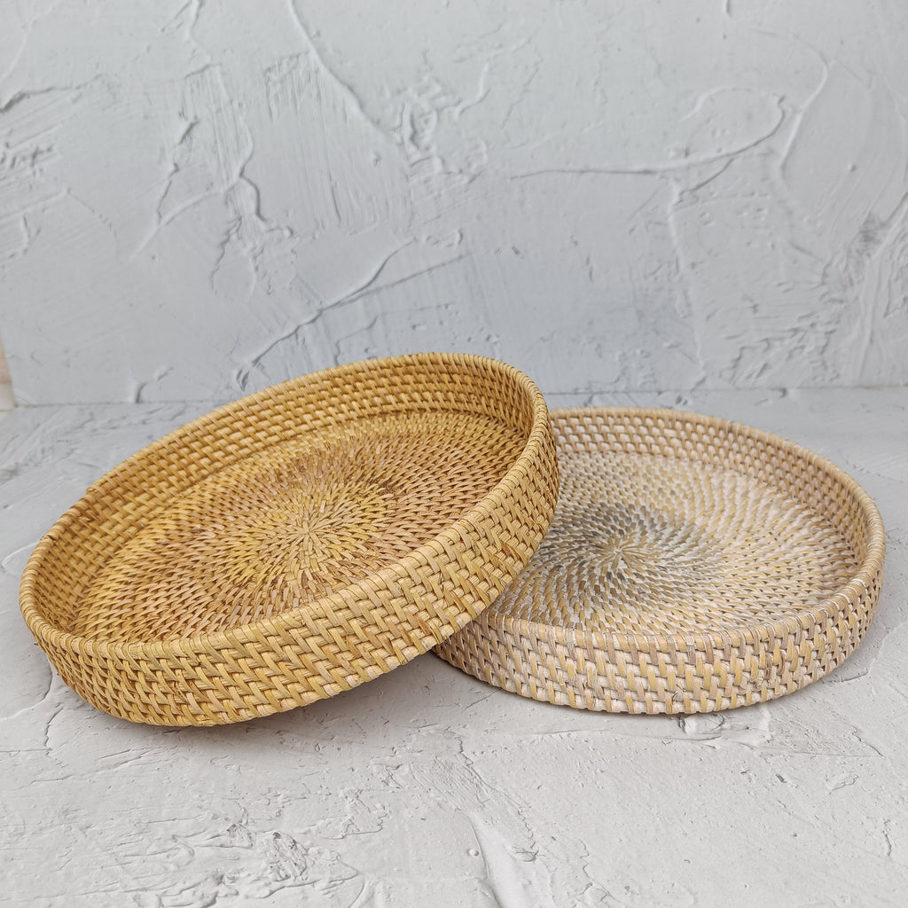 White Woven Round Rattan Tray, Coffee Table Tray, Round Boho Serving Tray for Table, Straw Serving Tray