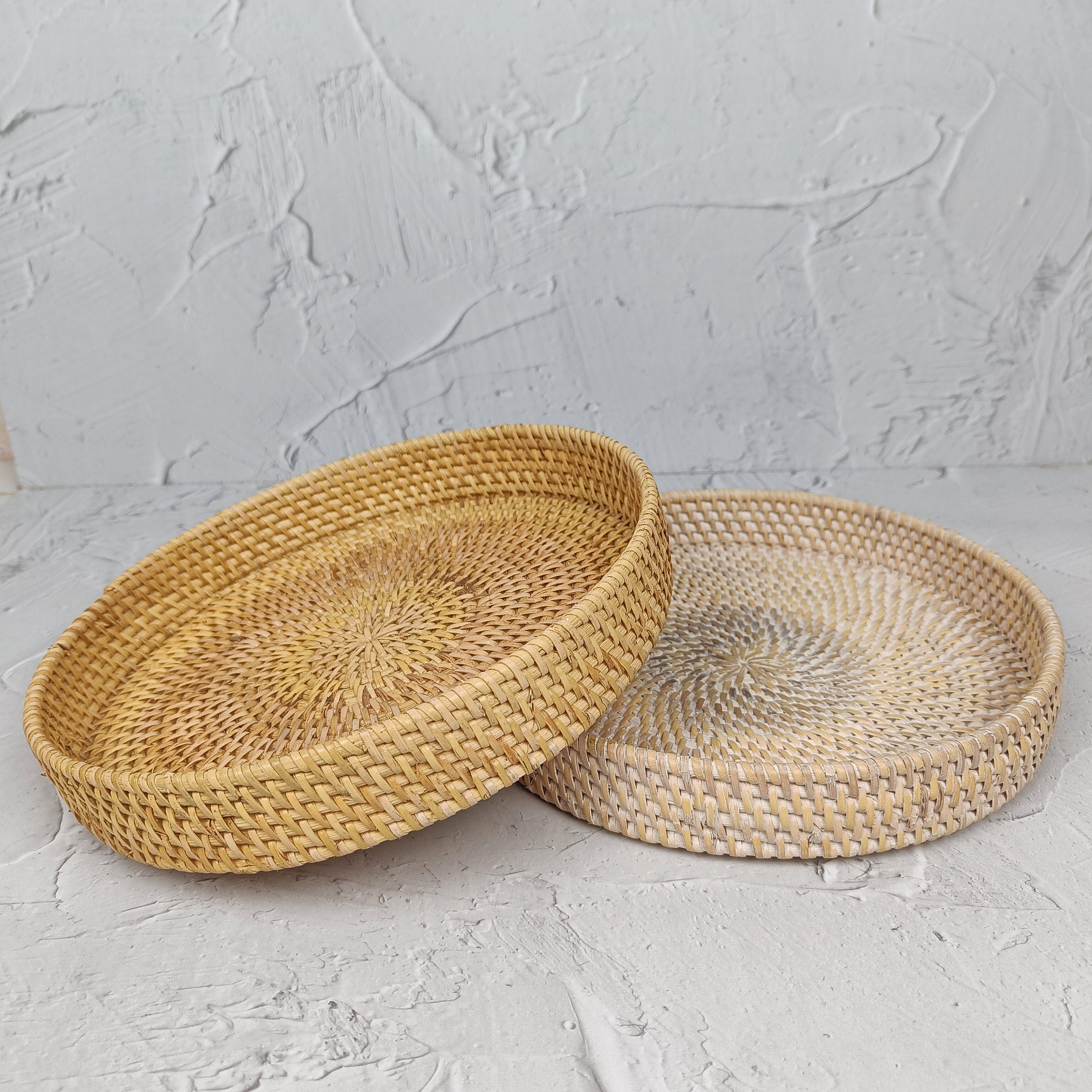 White Woven Round Rattan Tray, Coffee Table Tray, Round Boho Serving Tray for Table, Straw Serving Tray