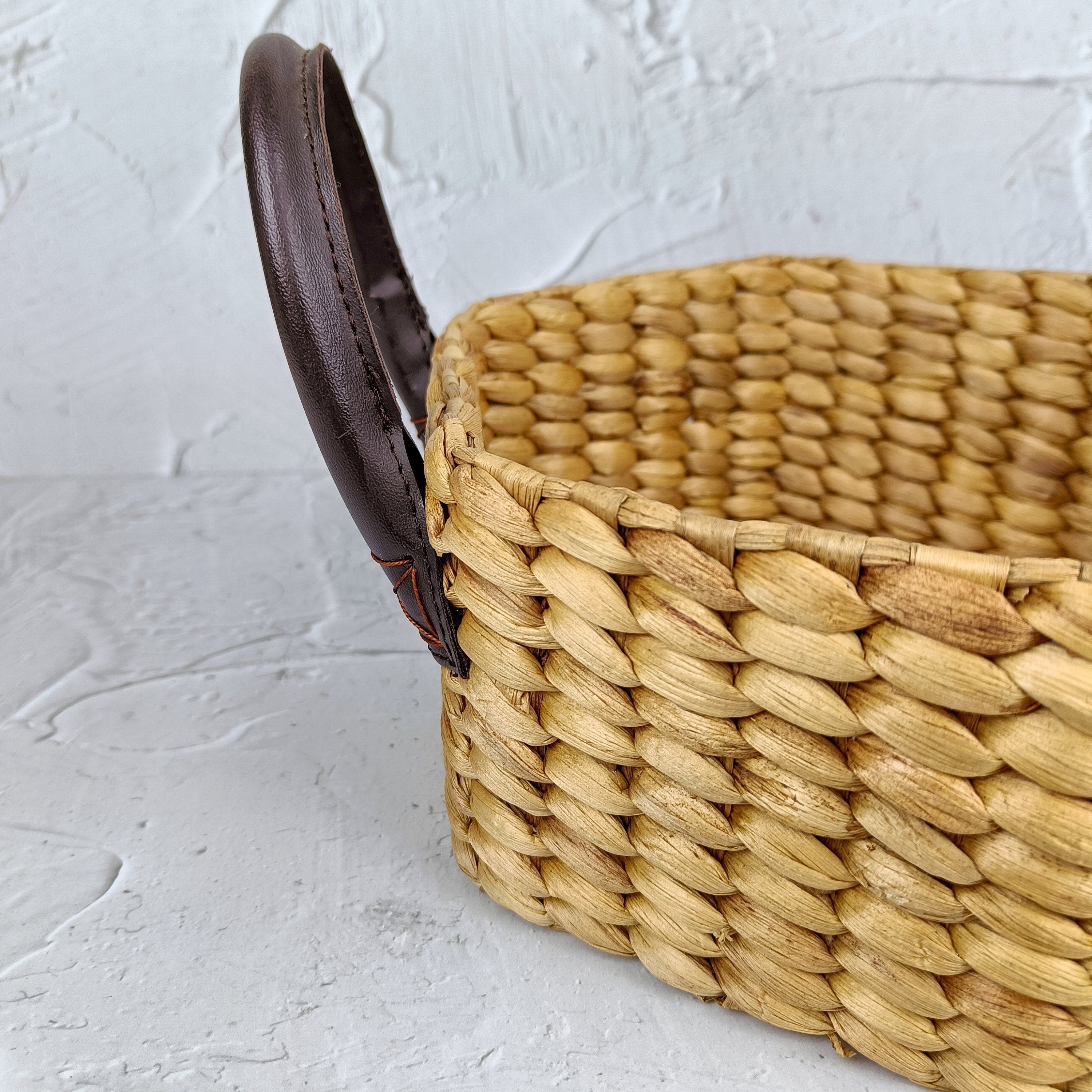 Handwoven Hexagonal Water Hyacinth Basket with Tall Synthetic Leather Handle, Decorative Tray