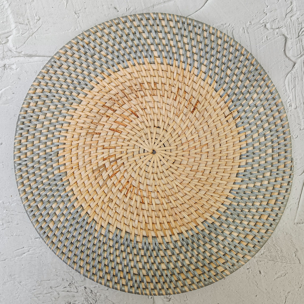 Rattan Placemat Set of 4 · Two Tone Round Handwoven Table Mat · Natural & Grey · Boho Artisan Lombok