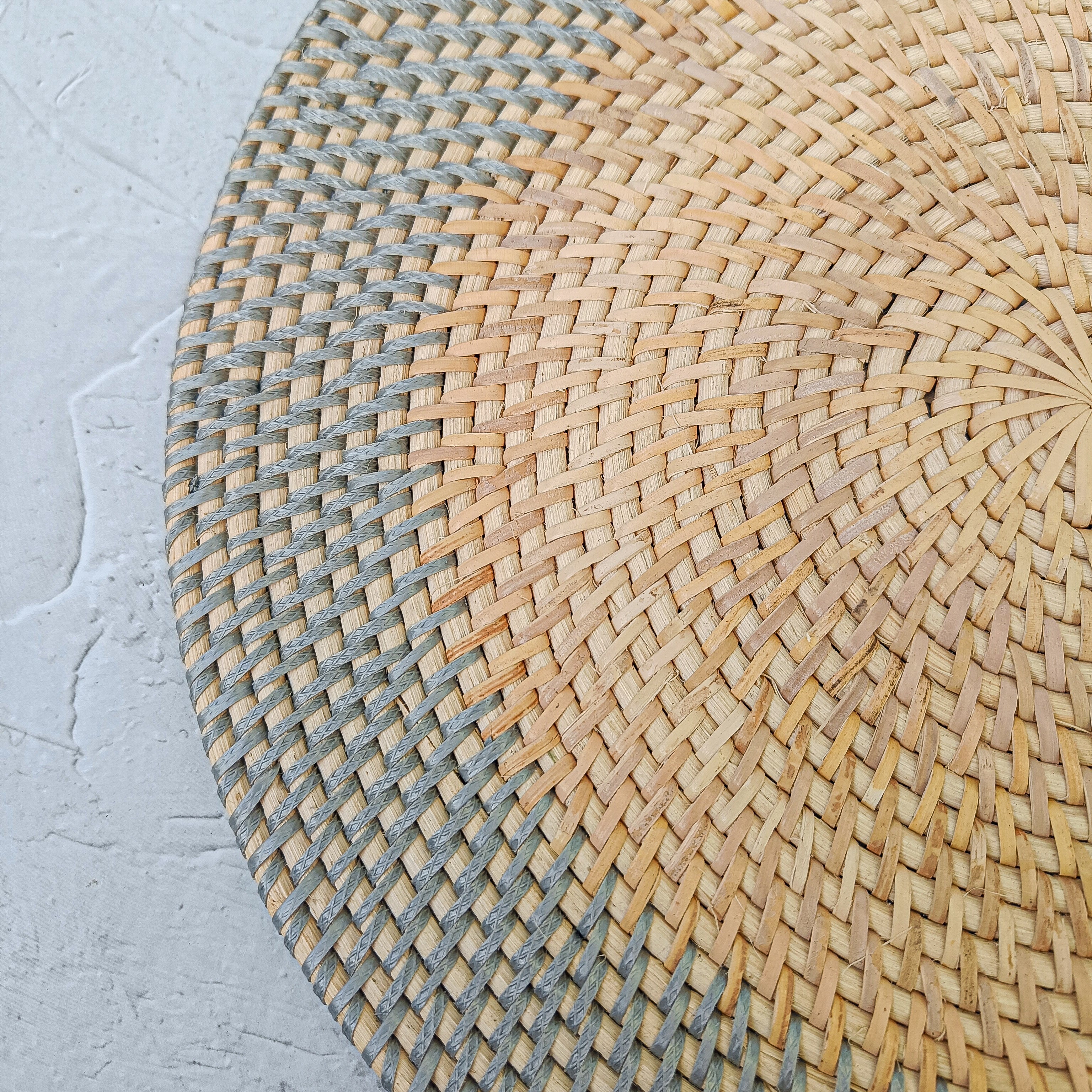 Rattan Placemat Set of 4 · Two Tone Round Handwoven Table Mat · Natural & Grey · Boho Artisan Lombok
