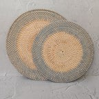 Rattan Placemat Set of 4 · Two Tone Round Handwoven Table Mat · Natural & Grey · Boho Artisan Lombok