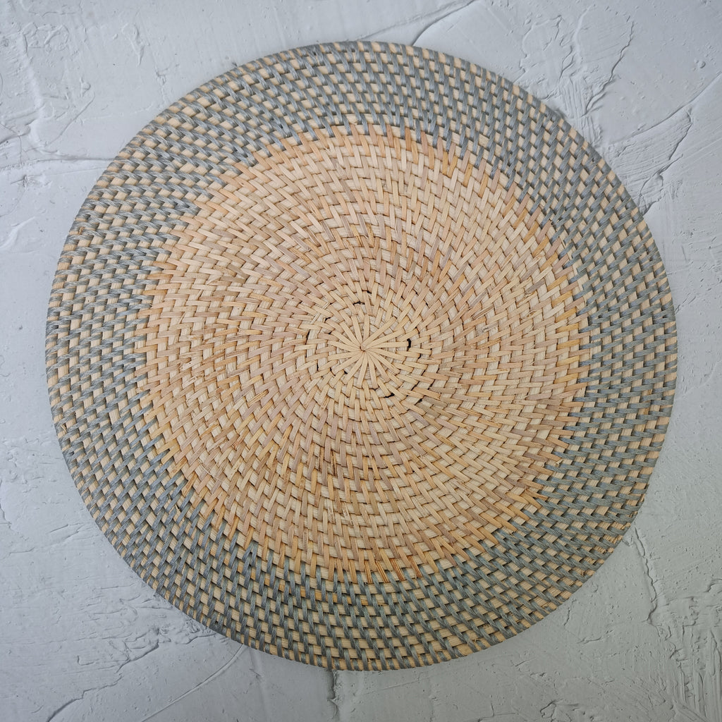 Rattan Placemat Set of 4 · Two Tone Round Handwoven Table Mat · Natural & Grey · Boho Artisan Lombok