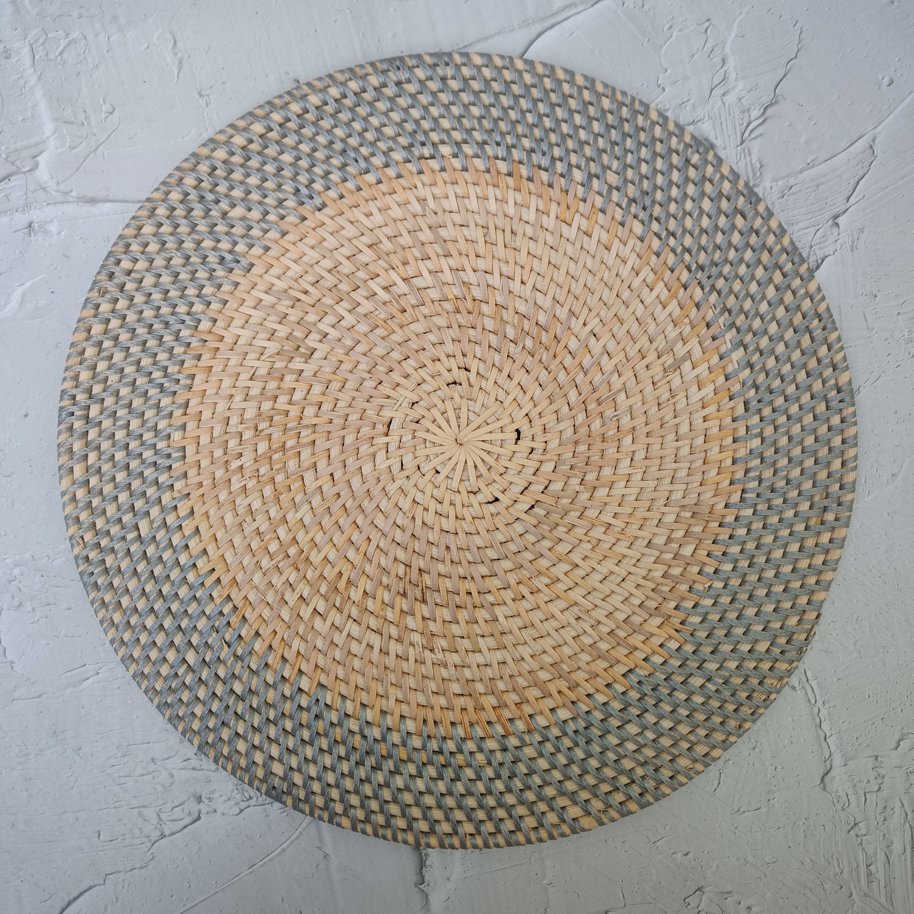 Rattan Placemat Set of 4 · Two Tone Round Handwoven Table Mat · Natural & Grey · Boho Artisan Lombok