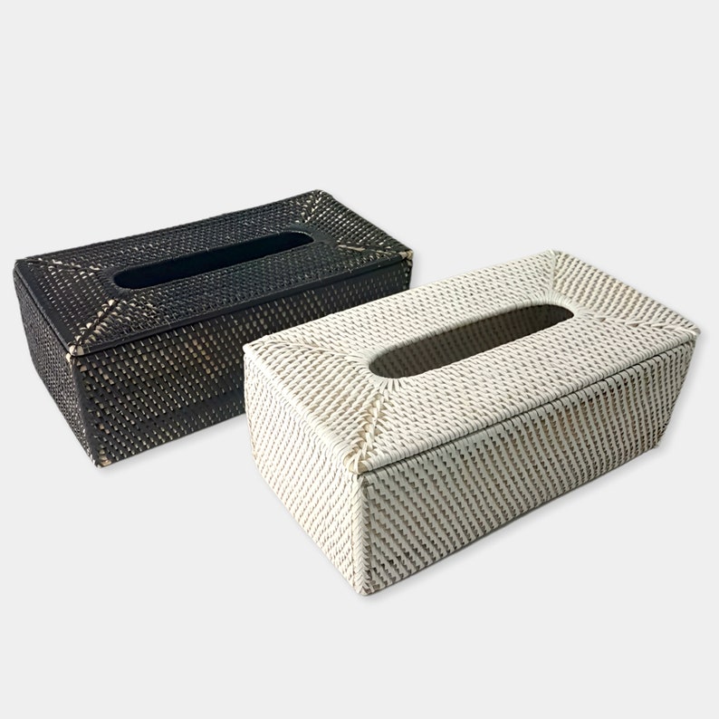 Black and white handwoven rattan tissue box covers side by side
